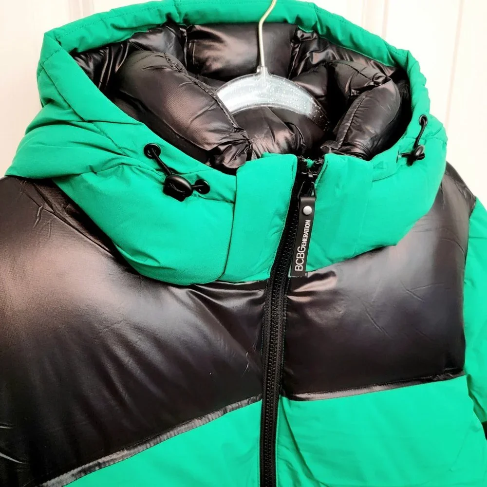 BCBGeneration Size XL Colorblock Hooded Puffer Jacket Kelly Green NWT $228